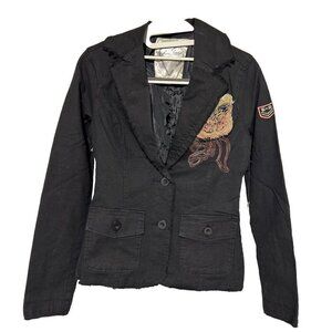 Love Stitch Woman’s Black Jean Jacket Blazer Size Small Embroidered Raw Hem NWT